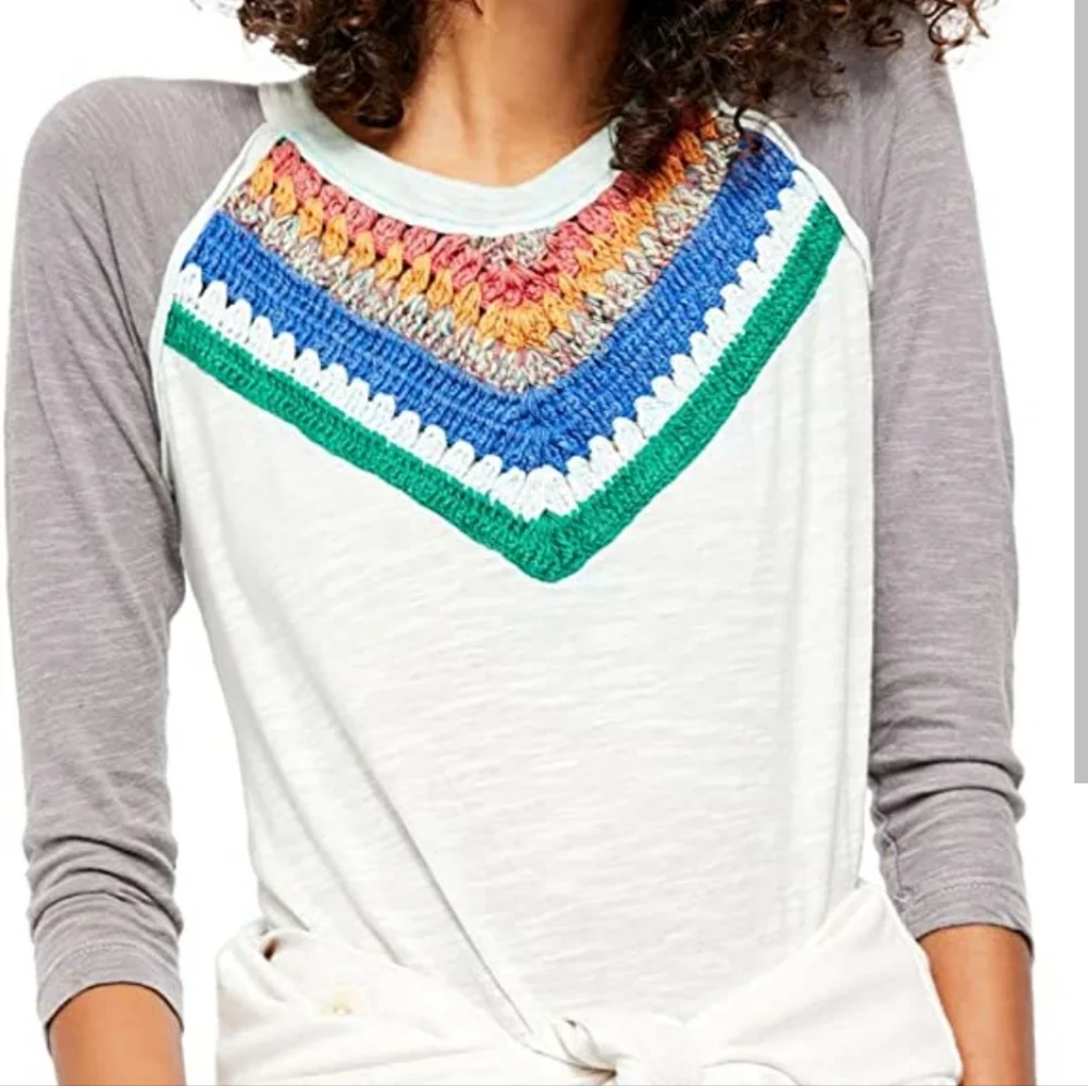 Free People Raglan Crochet 3/4 Long Sleeved Top, Size XS but fits Bigger